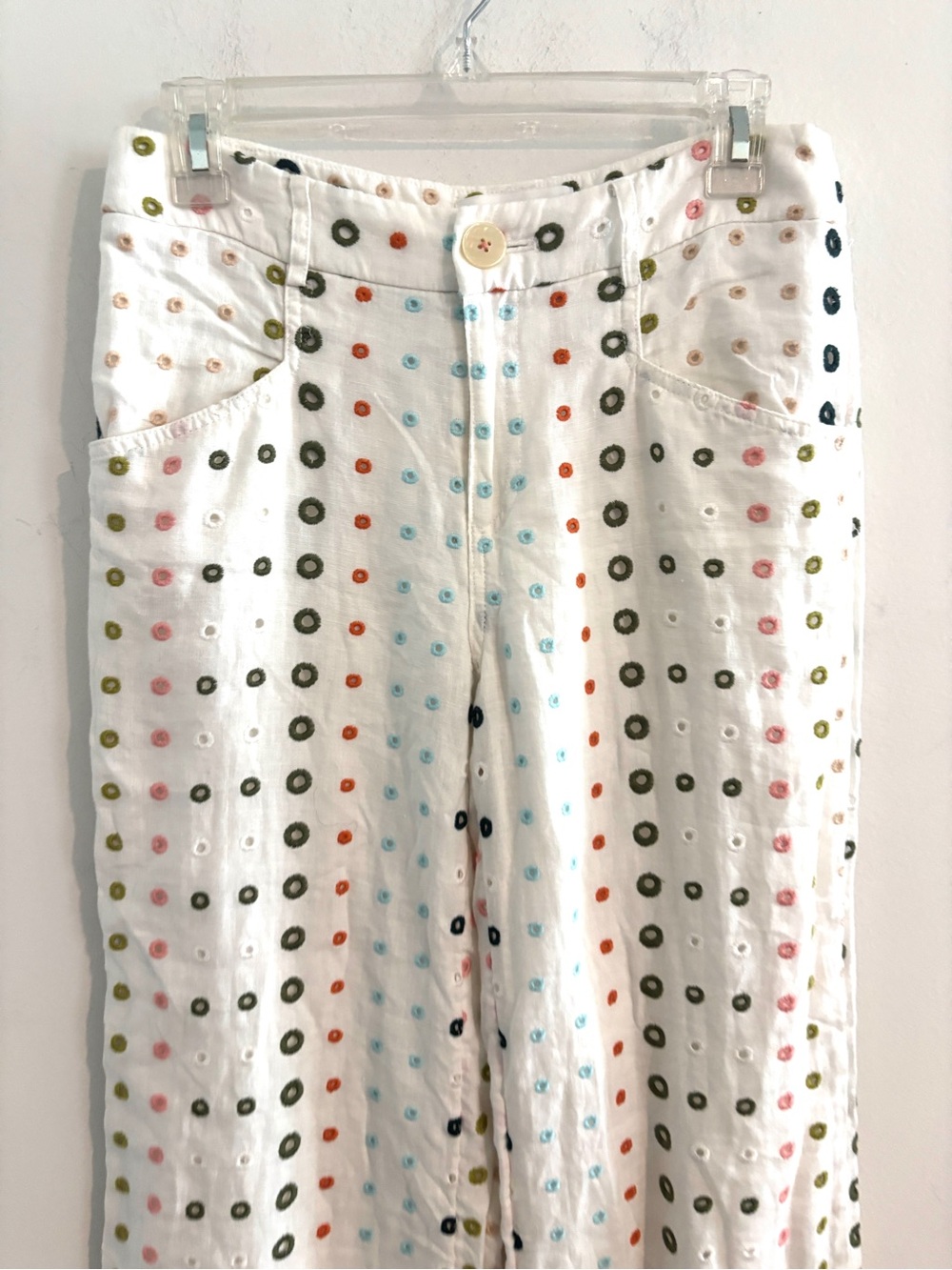 ETT:TWA by Anthropologie Linen Size 2 Wide Leg White Eyelet Polka Dot Pants - Picture 7 of 10
